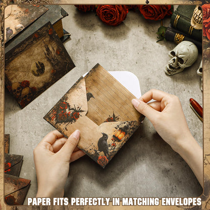 TaoBary 160 Pcs Stationery Paper Set 50 Double Sided Stationery Papers with 50 Matching Envelopes and 60 Round Dot Sticker, 10 Design(Gothic Style,8.25 x 5.5 Inch)