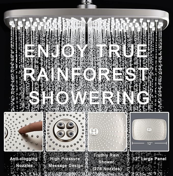 BOZYBO Rain Shower Head with Handheld: High Pressure Shower Heads with Handheld Spray Combo, 12" Rainfall Shower Head and 9 Sprays Hand Showerheads with Magnetic Docking and Power Jets, Nickel 1.75GPM