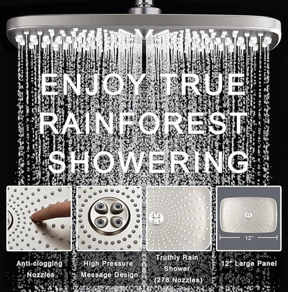 BOZYBO Rain Shower Head with Handheld: High Pressure Shower Heads with Handheld Spray Combo, 12" Rainfall Shower Head and 9 Sprays Hand Showerheads with Magnetic Docking and Power Jets, Nickel 1.75GPM