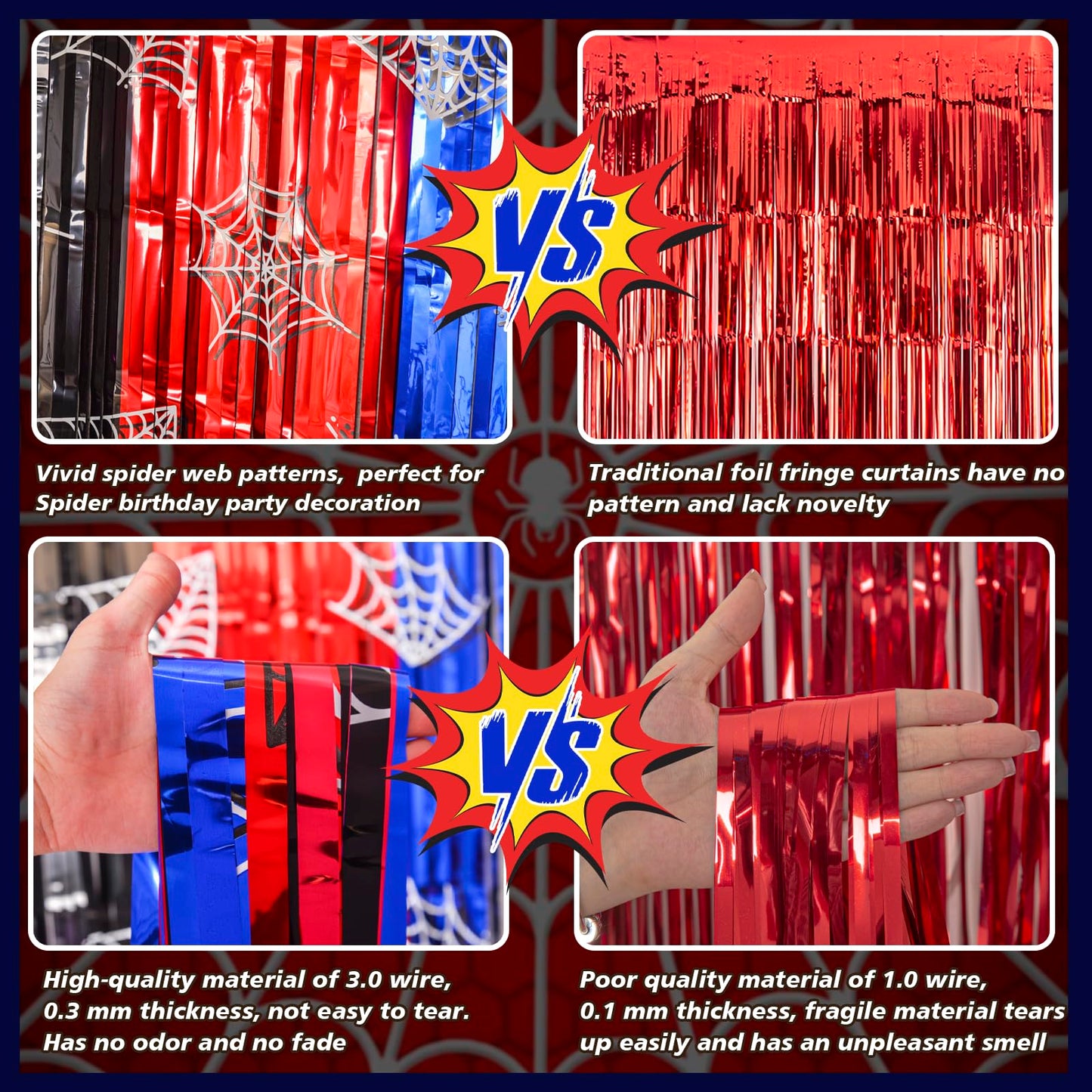 Bupelo Spider Web Birthday Decorations, 2 Pack Spider Party Supplies 3.3x6.6ft Tinsel Foil Fringe Curtains, Red Black, and Blue Photo Booth Prop Backdrop Streamer, Birthday Decor, Party Decor for Boys