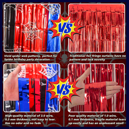 Bupelo Spider Web Birthday Decorations, 2 Pack Spider Party Supplies 3.3x6.6ft Tinsel Foil Fringe Curtains, Red Black, and Blue Photo Booth Prop Backdrop Streamer, Birthday Decor, Party Decor for Boys