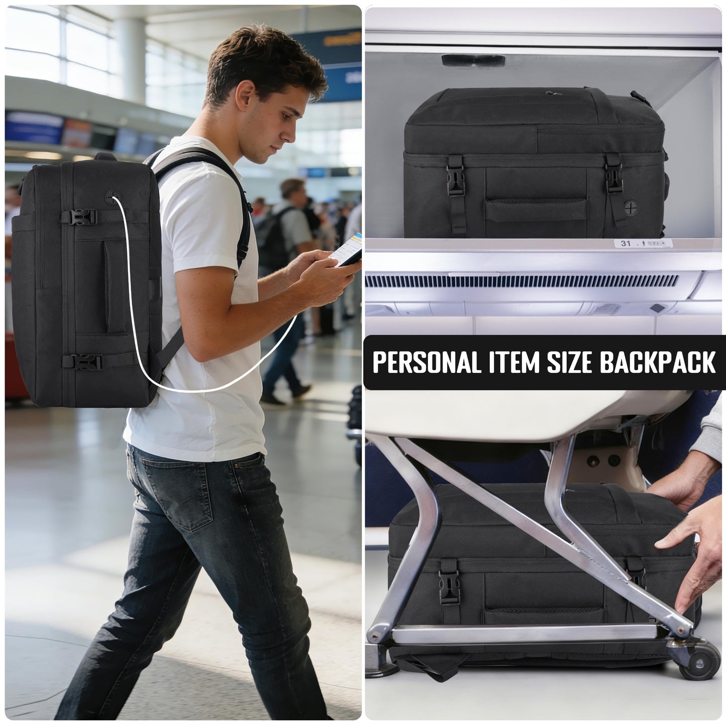 HILOMON Black Travel Backpack for Men Women, TSA Approved Personal Item Size 18x14x8 Under Seat Backpack for Airplanes 15.6inch Laptop 30L Luggage Carry On Bag