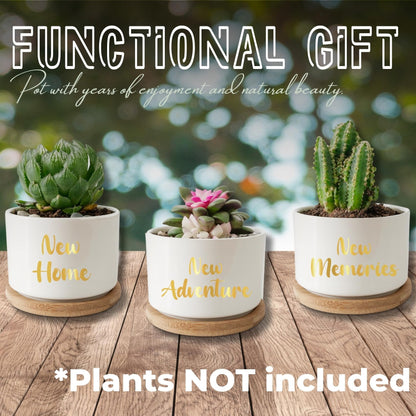 InnoBeta House Warming Gifts Succulent Plant Pots 3pcs, Gifts for House Warming, Planter Pot with Bamboo Tray for New Home, Plants NOT Included