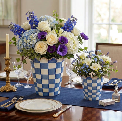 Briful Ceramic Planter with Drainage Hole, 5.9in Blue and White Checkered Flower Pot for Indoor Plants, Modern Decorative Plant Pot for Succulents, Orchids & Herbs, Home Office Decor