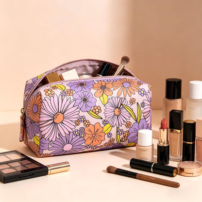 RCFJ b y K L A N D Hard Makeup Case with Mirror and Flower-Patterned PU Leather Cosmetic Bag