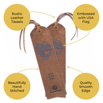 Sovereign-Gear Premium Leather Bookmark | Elegant Smart Bookmark for Men and Women | 2-Pack Leather Bookmarks with USA Flag & Eagle for Readers, Writers, and Book Lovers (7x2)