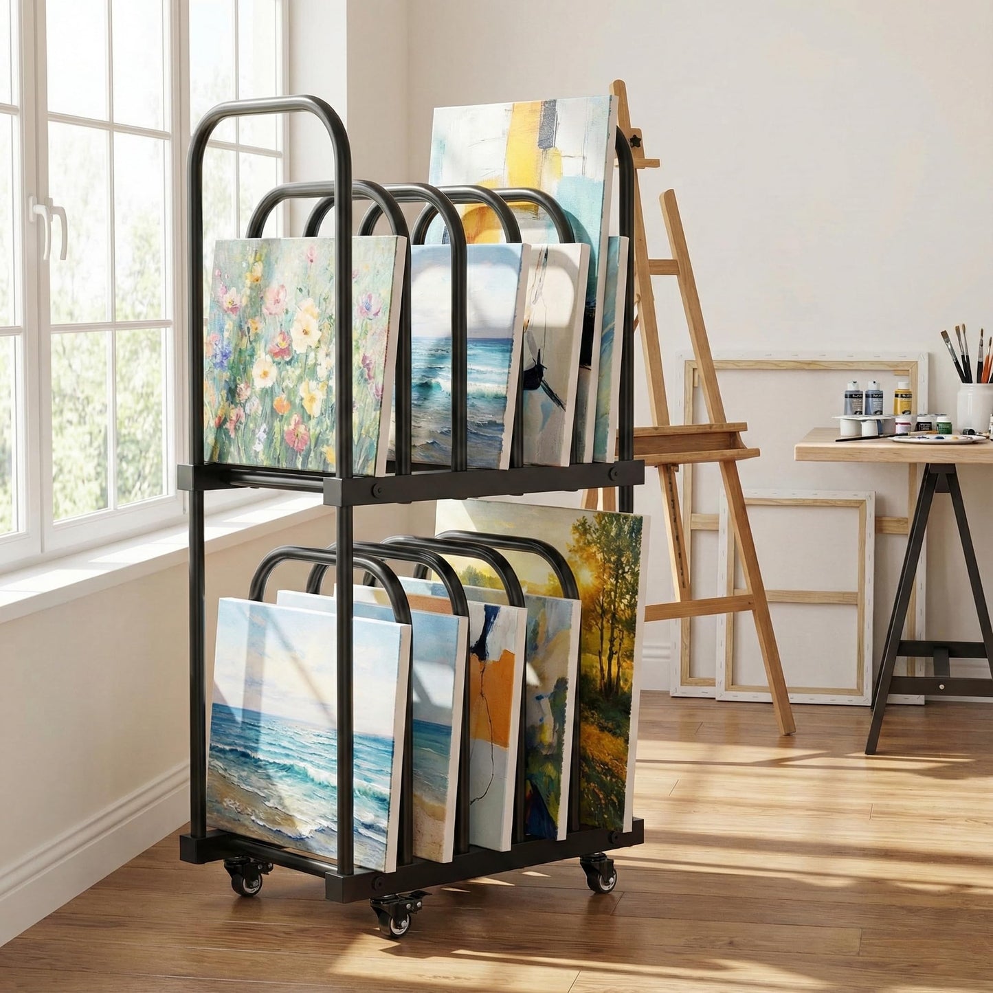 BERPET Art Storage Rack with Wheels, Double-Tier Adjustable Metal Drying & Display Stand for Canvas, Boards, Prints, and Artwork – Heavy-Duty Mobile Organizer for Studio, Classroom