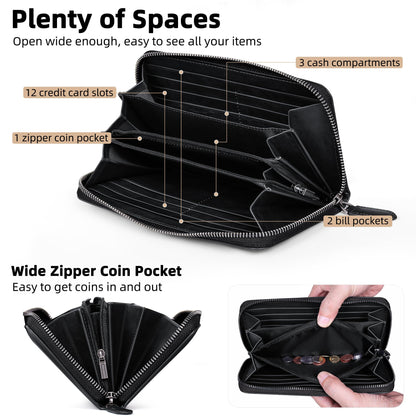 VISOUL Leather Long Zipper Pouch Wallet for Men and Women with RFID Blocking, Large Clutch Cash Long Wallet with Zipper (Black)