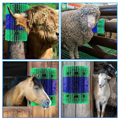 Extra Large Size Livestock Scratching Brush, Upgraded Horse/Goat/Cow/Cattle Scratcher Brush for Grooming, Itch Relief Horse Scratcher Brushes Kit with Two Sets of Mounting Screws(4-Pack,Green)