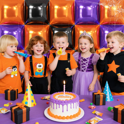 NISOCY 25PCS Orange Purple Black Square Foil Balloons Wall Backdrop Metallic Double Sided Orange Purple Black Balloons Tunnel Arch Kit for Halloween Birthday Graduation New Year Party Decorations