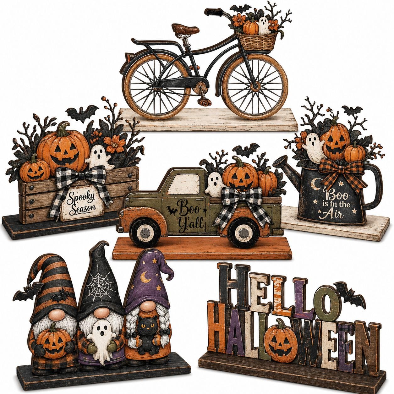 6 Pieces Halloween Decor Hello Halloween Table Topper Signs Spooky Pumpkin Ghost Gnome Truck Tiered Tray Centerpiece Farmhouse Halloween Wooden Tabletop Decorations for Indoor Home Kitchen Party