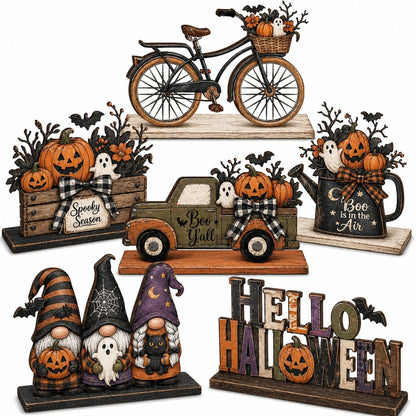 6 Pieces Halloween Decor Hello Halloween Table Topper Signs Spooky Pumpkin Ghost Gnome Truck Tiered Tray Centerpiece Farmhouse Halloween Wooden Tabletop Decorations for Indoor Home Kitchen Party