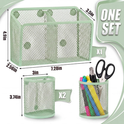 Marspark 3 Pcs Magnetic Pen Holder Set Metal Pencil Holder with Strong Magnets Wire Mesh Storage Basket Organizer for Locker Accessories Whiteboard Refrigerator School Office Dorm(Sage Green)