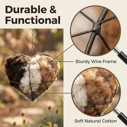 Handmade Alpaca Wool Bird Nest Heart, Nesting Material Frame with Chain, Hummingbird Shelter Box, Wild Bird Winter Tree House (2 PCS)