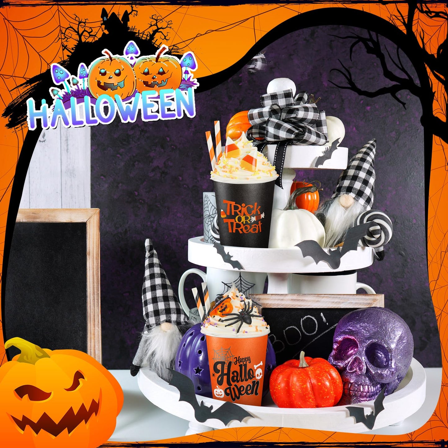 Yungyan 2 Pcs Tiered Tray Decor with Faux Whipped Cream Cups - Halloween Bar & Station Photo Prop Farmhouse Table Decor