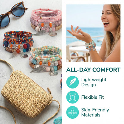 Msndnjr Beaded Bracelets for Women -Boho Beaded Bracelet Stack for Women, 6-Piece Stackable Stretch Bracelets Set, Colorful Layered Beaded Bracelets for Summer Beach & Festivals