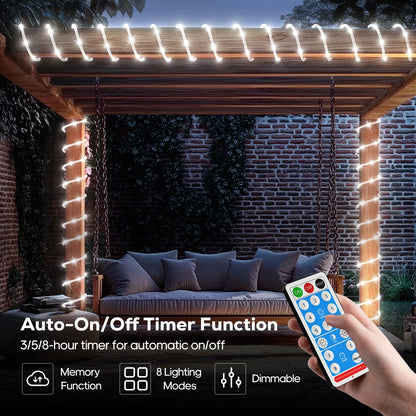 ICRGB Solar Rope Lights, 66FT 200LED 1800mAh Outdoor Waterproof Solar Lights with Remote, IP67 String Light with Timing & 8 Modes for Garden Tree Pathway Yard Pool RV Christmas Decor, White