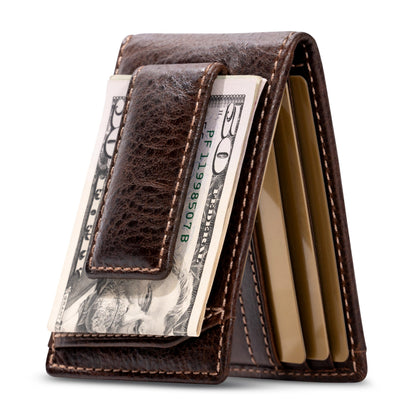 House of Jack Co. Ivor Men's Bifold Money Clip Wallet, Super Strong Magnetic Clip Holds 15+ Bills, Full Grain Leather Slim Front Pocket Wallet, 10 Card Holder, Gift for Men, Brown