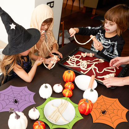 Whaline 48 Pack Halloween Paper Place Mats 13 Inch Spiderweb Disposable Placemats Green Orange Purple Spider Web Paper Table Mats for Kitchen Dinner Table Setting