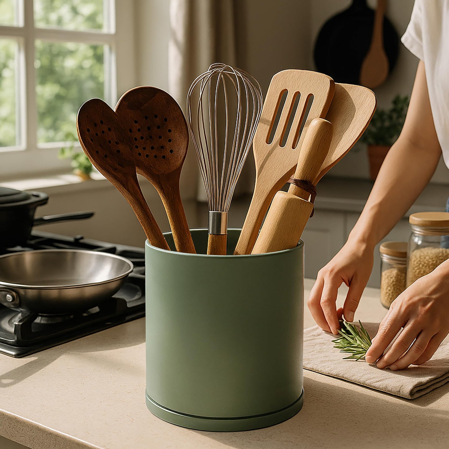 D'vine Dev 360° Rotating Utensil Holder – 7.2" Kitchen Utensil Crock for Countertop, Modern Cooking Tool Organizer for Kitchen Storage & Décor, Set of 2, Olive, 72-Y-C-2