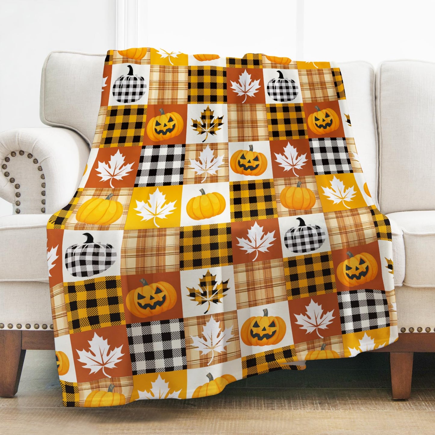 Halloween Pumpkin Throw Blanket Gifts, Pumpkins, Leaves Fall Plaid Blankets, Cozy Soft Fuzzy Plush Flannel Lap Throws for Couch Sofa Bed, for Kids Adults Wife Self, Birthday 60"x50"
