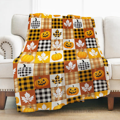 Halloween Pumpkin Throw Blanket Gifts, Pumpkins, Leaves Fall Plaid Blankets, Cozy Soft Fuzzy Plush Flannel Lap Throws for Couch Sofa Bed, for Kids Adults Wife Self, Birthday 60"x50"