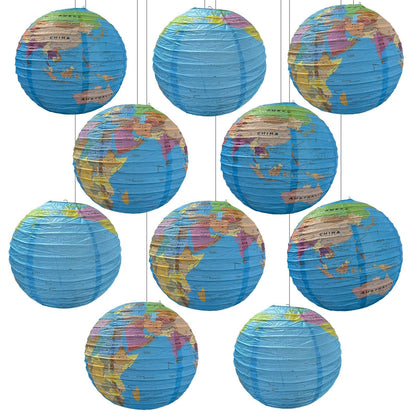 JIEFULL 10 Pack 12 Inch Globe Paper Lanterns for Ceiling Hanging, Large Earth Lantern Around The World Map Decorations