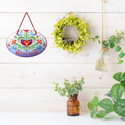 "Welcome Friends" with Attractive Lovebirds & Rosemaling Motif Welcome 11x8" Ceramic Door Sign by E.H.G.