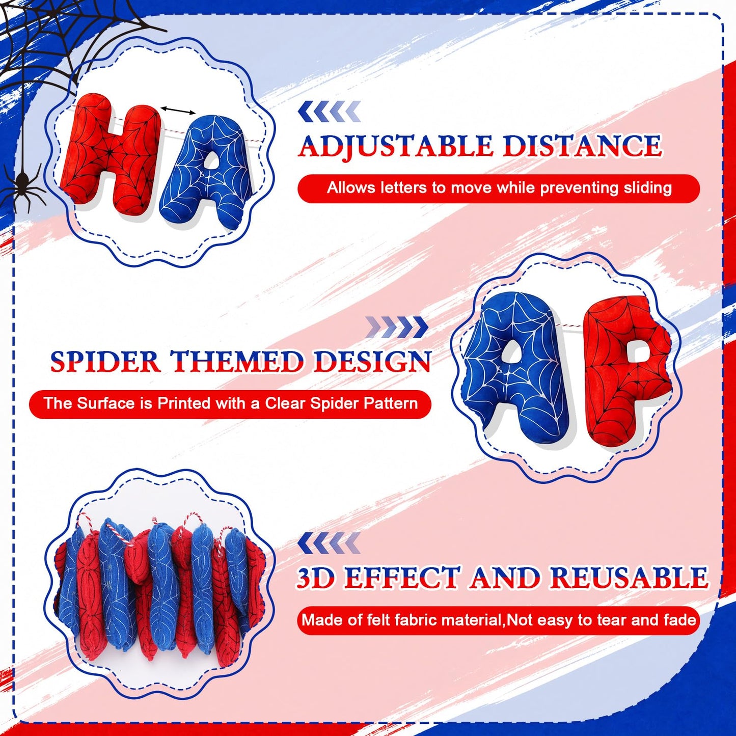 Pre-strung 3D Spider Happy Birthday Banner with Pom Pom Garland Reusable Spider Web Felt Sign for Cartoon Birthday Decorations Movie Hanging Bunting Party Supplies Photo Prop
