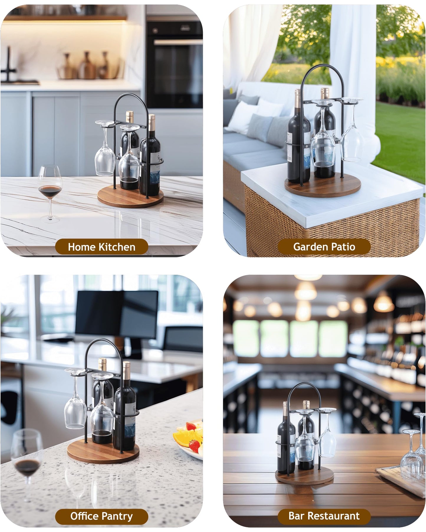 Wine Bottle and Glass Holder for Countertop | Small Wine Rack for 2 Bottles & 2 Glasses | Modern Tabletop Wine Storage with Round Wood Base | Freestanding Wine Stand & Caddy for Home Bar (Black)