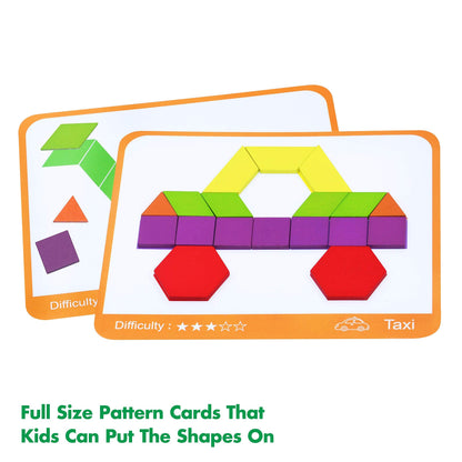 SpriteGru 300 PCS Wooden Pattern Blocks Set for Kids with 24 Double-Sided Design Cards(48 Patterns) and Storage Bag in Gift Box,Fun Montessori Learning Toys
