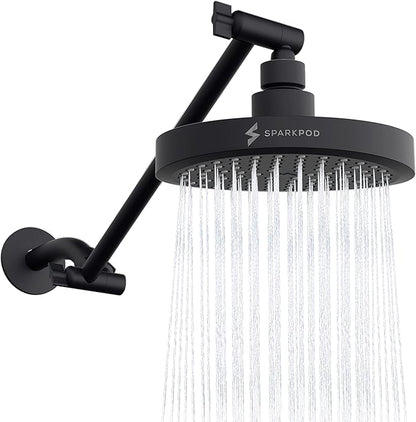 SparkPod 6" Round Rain Shower Head with 11" Shower Arm | Shower Head & Extension Arm Combo, Height Adjustable, High Pressure Performance, Easy 1-Minute Installation, Black Matte