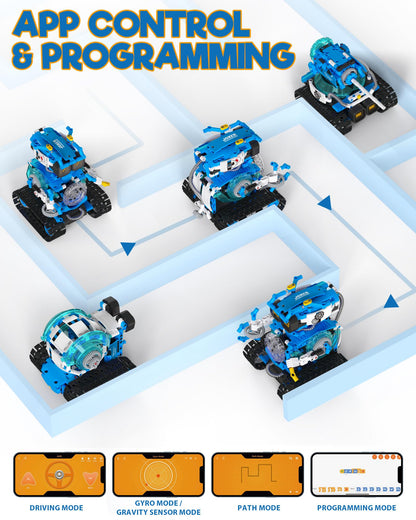 Opmind 5 in 1 STEM Robot Building Toys for Boys Age 8-13, 494PCS Remote & App-Controlled Set Educational Coding Toy, Kids DIY Sound & Light Interactive Science Sets, Gift for Boys Girls 10-12