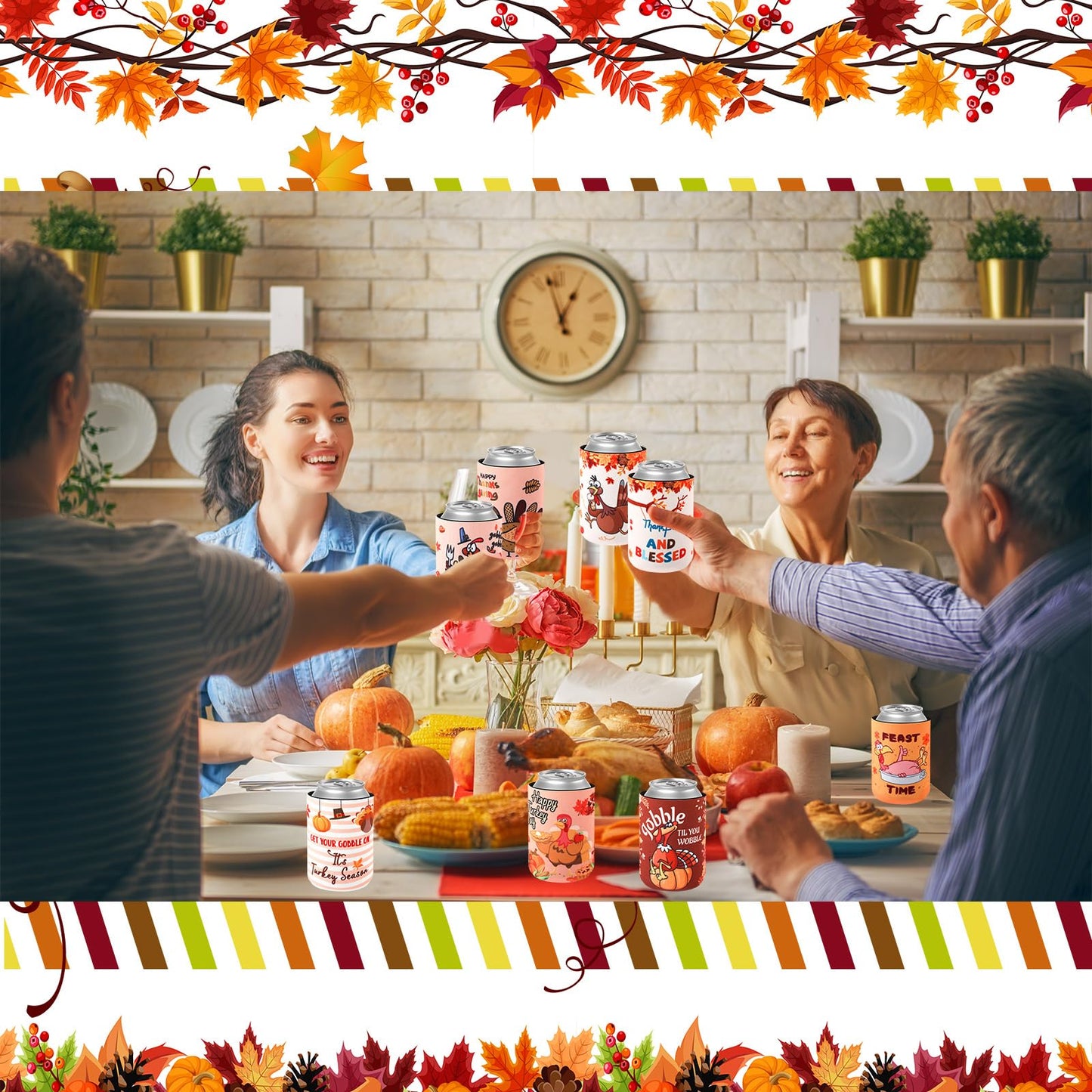 Remerry 24 Pcs Thanksgiving Can Cooler Sleeves 12 oz Funny Can Sleeves Turkey Pumpkin Neoprene Insulated Beer Can Bottle Sleeves for Happy Thanksgiving Happy Turkey Day Party Favors Supplies