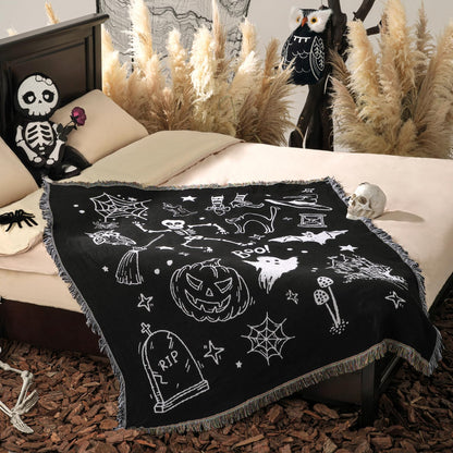 Phantoscope Happy Halloween Blanket, Soft Jacquard Knitted Throw Blanket with Tassel, Warm Cozy Blanket with Skeleton Bat Ghost for Couch Living Room Bedroom, Black, 50 x 60 inches