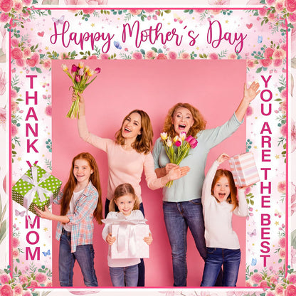 Fanfanwin 3 Pcs Pink Happy Mother's Day Banner Set Thank You Mom Front Door Banner Rose Floral Mother Decor You Are The Best Mama Party Supplies Decorations for Women Mama Wife Hanging Home Decor