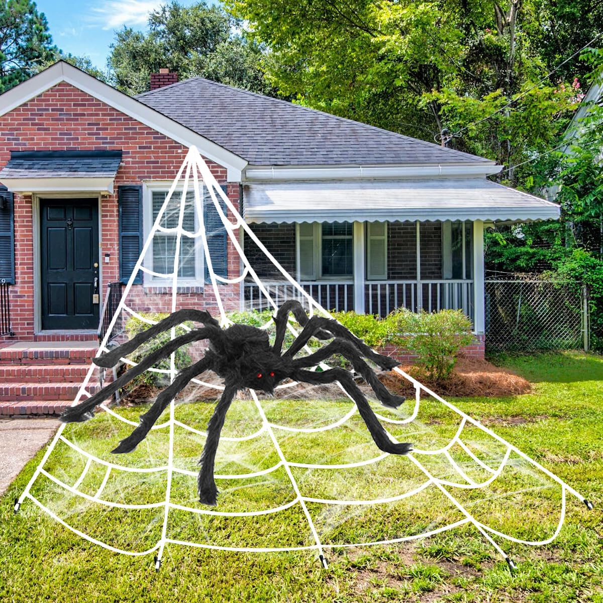 3in1 Halloween Decorations 5ft Giant Spiders 200" White Spider Web Haunted House Outdoor Wall Decor for Halloween Props (Giant Triangular Spider Web+Black Fake Spider+Stretchable Cobwebs)