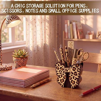 Tenceur Leopard Print Bow Holder for Desk Large Capacity Bow Wooden Pencil Holder Coquette Supplies Desk Organizer Cute Teacher Office Decor Makeup Brush Holders Back to School Gift for Girls Women