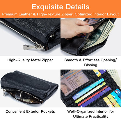 Genuine Leather Wallet for women, RFID Blocking Soft Leather Bifold Compact Card Holder Wallet with Zipper Coin Pocket ID Window (Black)