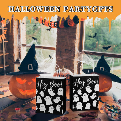 Chiisong 24 Pcs Halloween Hey Boo Ghost Paper Gift Bags with Handles Medium White Ghost Party Favor Bags for Halloween Home Table Party Supplies