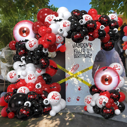 Bloody Scary Halloween Balloon Arch Kit,159Pcs Red Black White Bloody Handprints Balloon Garland with Eyeball Foil Balloons,3D Bat Stickers for Horror Movies Night Killer Birthday Party Decorations