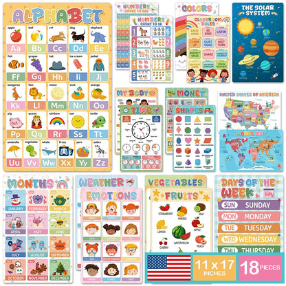 KONVINIT 18 Pack Educational Posters for Classroom Must Haves, Boho Learning Posters For Toddlers 1-3 with PET Lamination, Toddler Learning Posters - Kindergarten & Preschool Classroom Decor School Supplies For Kids