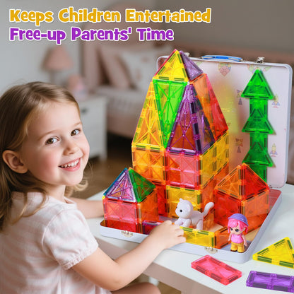 MEIQ 100Pcs Premium Magnetic Tiles Toys Set with Sturdy Iron Case, STEM Educational Building Blocks for Kids Ages 3-5 4-8, Montessori Sensory Toys, Creative Birthday Gifts for Toddler Boys & Girls