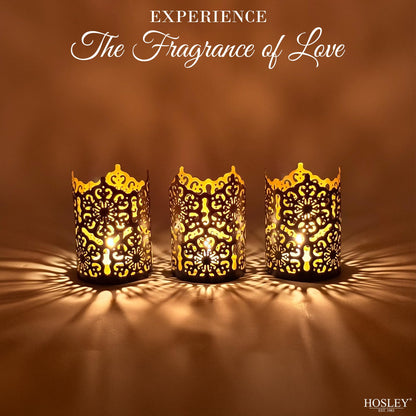 Hosley Set of 3 Black Metal Candle Holders 4 Inch High - Lattice Cut Lanterns for Table Centerpiece, Wedding, Home Decor, Indoor Outdoor