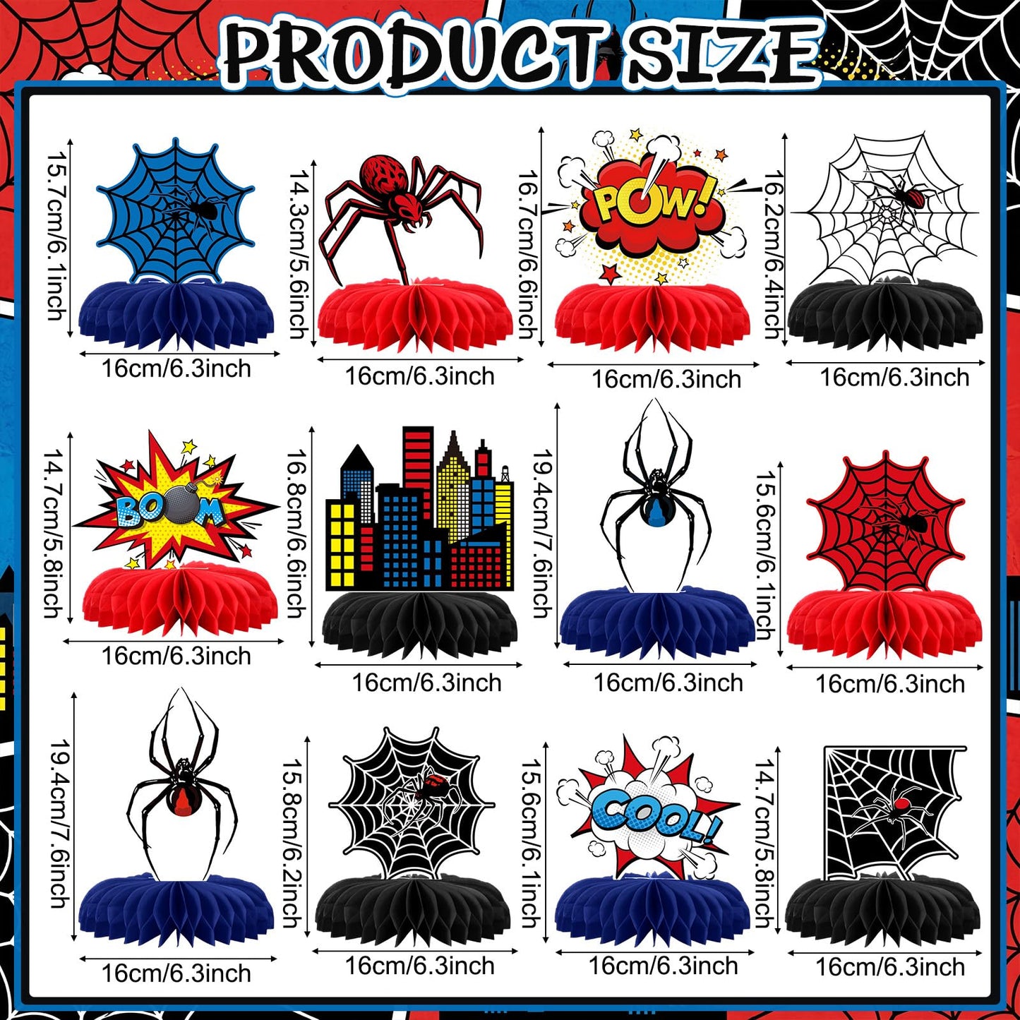 Pajean 12 Pcs Spider Honeycomb Centerpieces for Hero Birthday Party Decorations, 3D Heroic Comic Theme Table Toppers, Red Blue Spider Web Cityscape Paper Decor for Action Event Cake Table Supplies