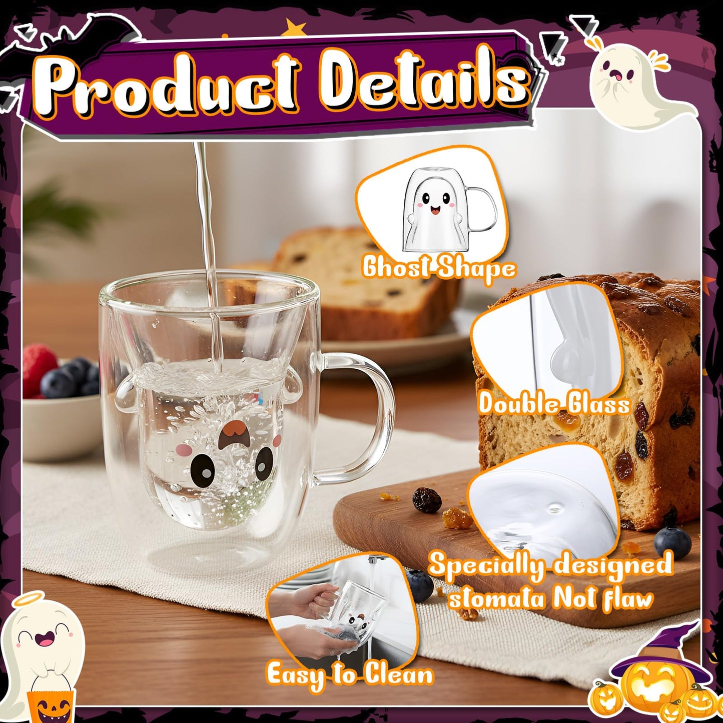 Honeydak Ghost Halloween Mug, 10 oz Double Walled Coffee Mugs with Handle, Heat Resistant Mugs for Hot Cocoa and Latte for Halloween Party Supplies(White,Cartoon Style)