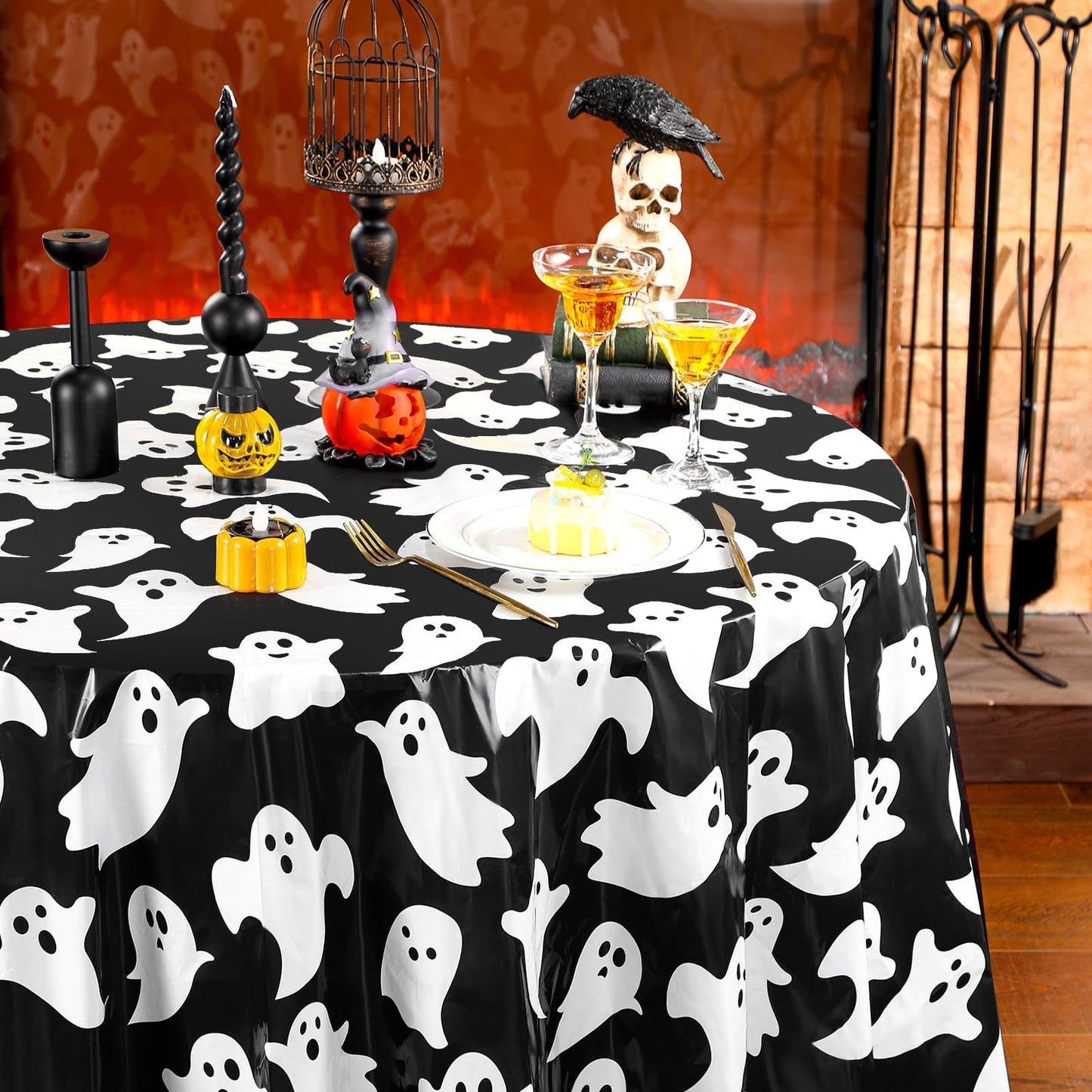Ganeen 6 Pcs Halloween Plastic Tablecloths 84 Inch White Black Ghost Disposable Table Cover Plastic Round Ghost Spooky Tablecloths Decoration for Halloween Baby Shower Party Supplies