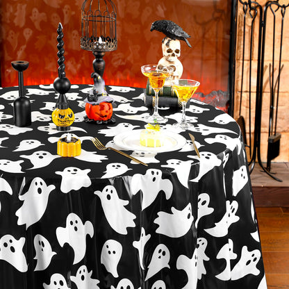 Ganeen 6 Pcs Halloween Plastic Tablecloths 84 Inch White Black Ghost Disposable Table Cover Plastic Round Ghost Spooky Tablecloths Decoration for Halloween Baby Shower Party Supplies
