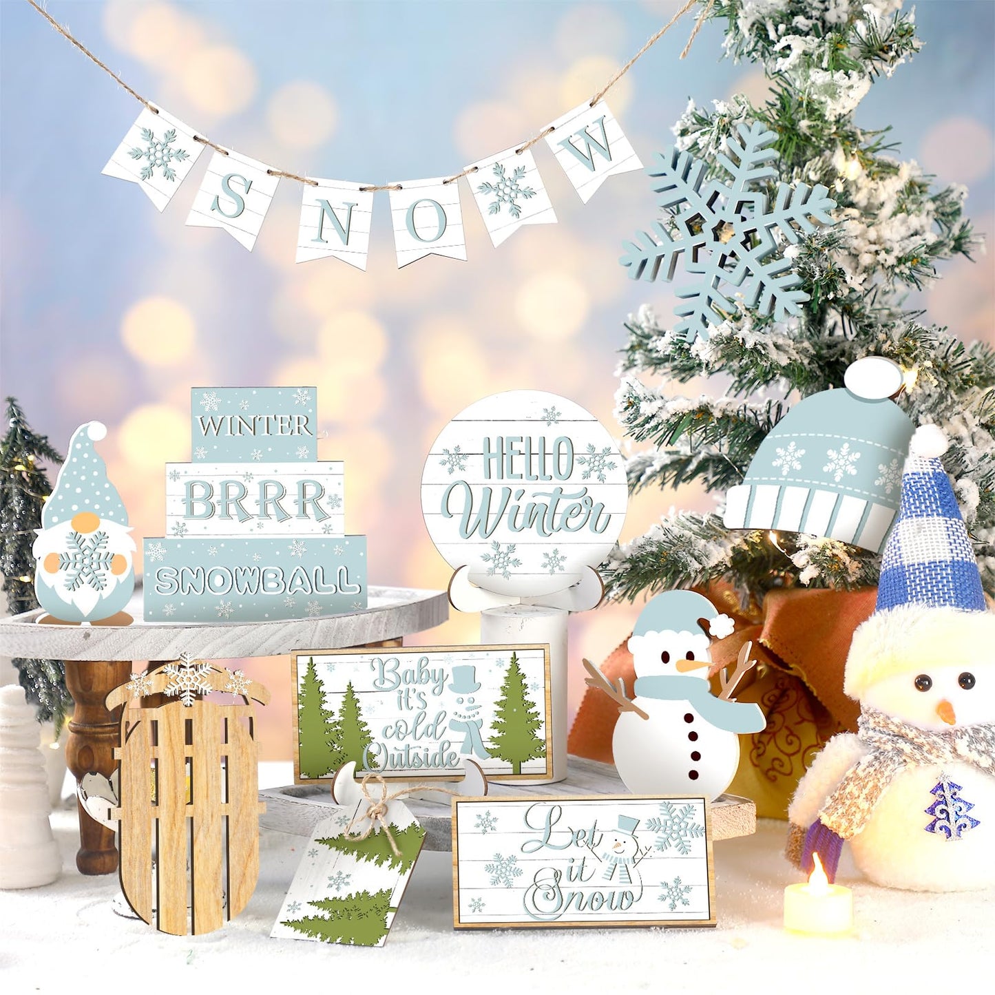 FairySandy 15 Pcs Winter Tiered Tray Decor Snowman and Snowflakes Wooden Signs Farmhouse Winter Tiered Tray Decorations Set Wood Table Decor for Holiday Home Kitchen