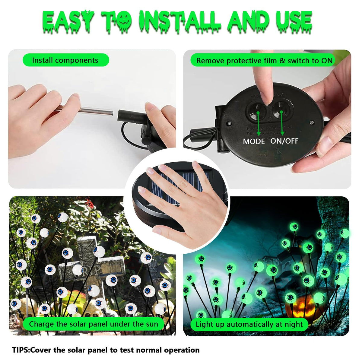 YIQU 4 Pack Solar Halloween Lights Outdoor, Solar Eyeball Lights, 24 LED Green Eyeball Swaying Light with 2 Lighting Modes, Waterproof Outdoor Halloween Decorations for Walkway Yard Lawn Horror Party